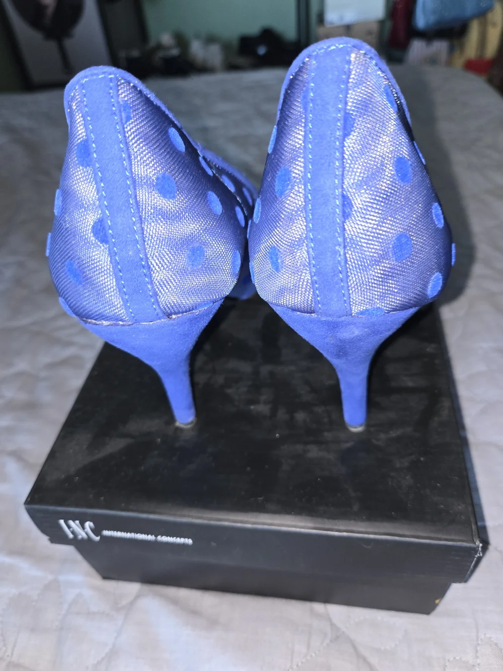 INC International Concepts Royal Blue Polka Dot Mesh Pointed Heels